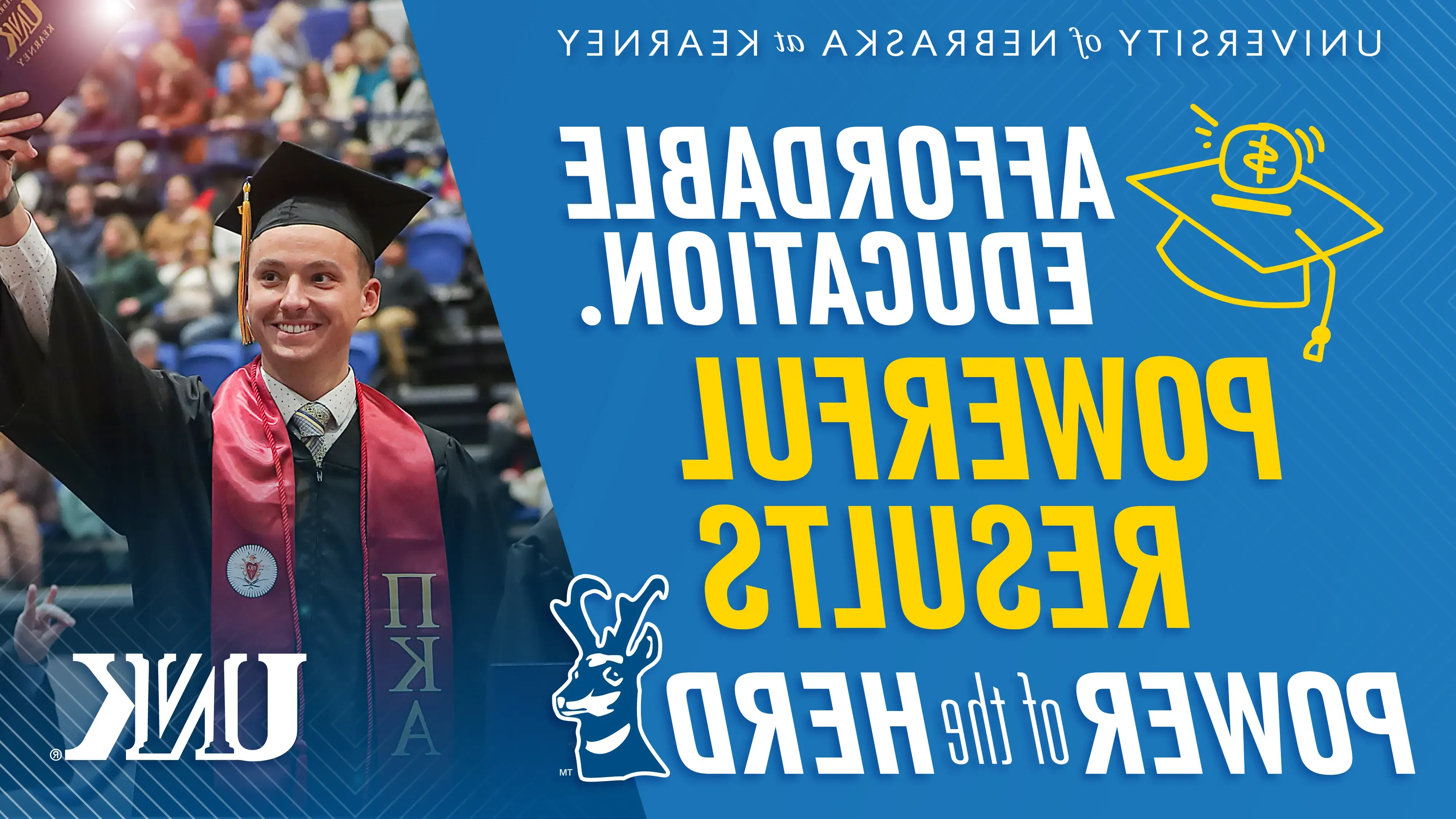 advertisement sample showing a man graduating with the words affordable education powerful results 群体的力量
